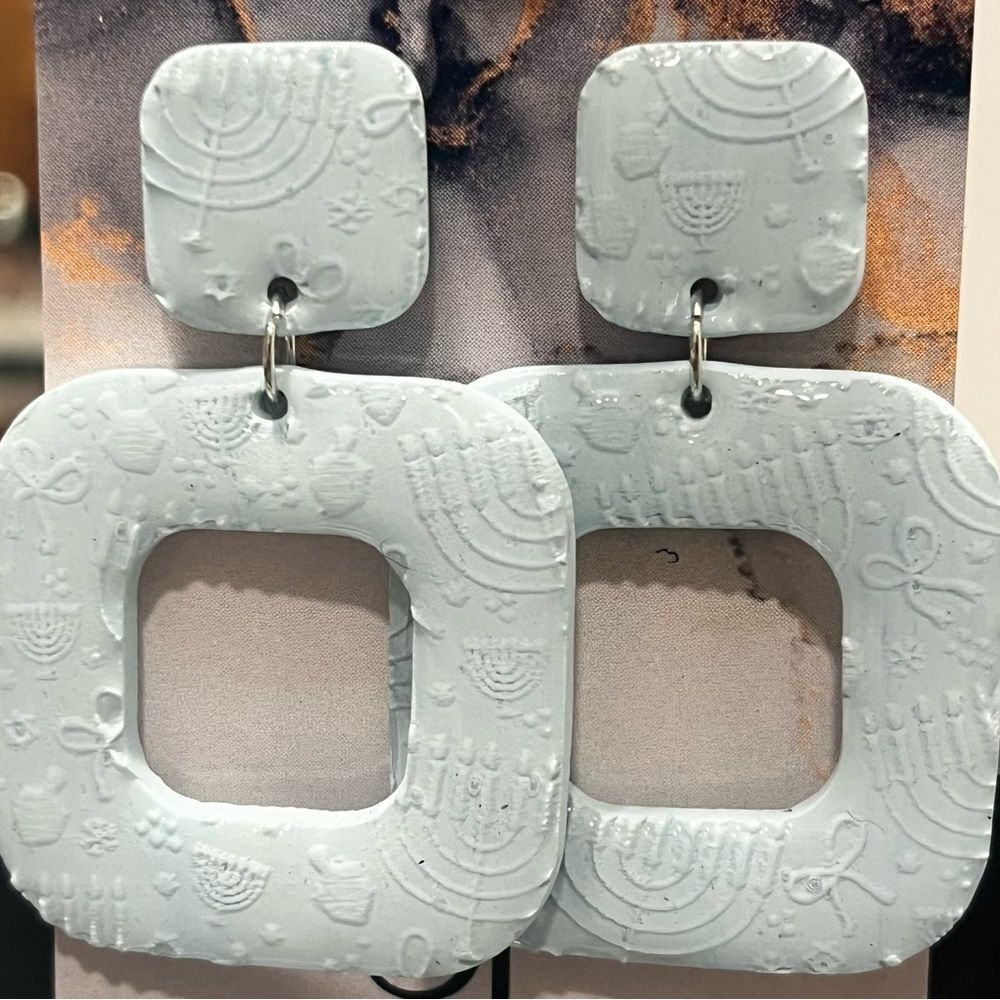 NEW Chanukah Embossed Print Square Polymer Clay & Resin Dangle Earrings